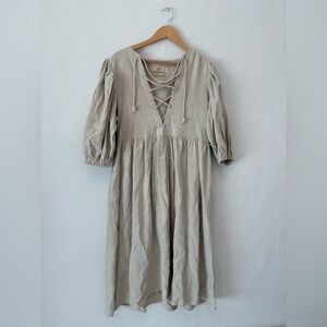 Fashion Brand Company Beige Linen Lace-Up Long Sleeve Midi Dress Penelope Gazin